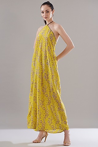 Yellow Pure Silk Crepe Printed Dress by JOY